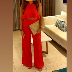 SHEIN Red Pleated Wide-Leg Two-Piece Jumpsuit Set